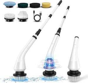 Electric Spin Scrubber, Cleaning Brush with 6 Replaceable Brush Heads, 2H Power Dual Speed and Adjustable Extension Handle, Electric Cleaning Scrubber for Bathroom/Kitchen/Tile/Floor (White)
