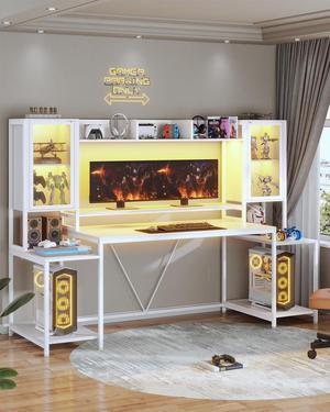 Gaming Desk 74.8'' with LED Lights, Hutch and Storage Shelves, Computer Desk with Monitor Stand, Large PC Gamer Desk Workstation, Ergonomic Gaming Table for Bedroom, Living Room, White