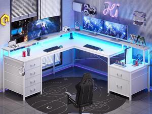 108" L Shaped Desk with 6 Drawer, Home Office Desk with File Drawer & Power Outlet, Corner Computer Desk with Monitor Shelf, File Cabinet, Two Person Desk, Gaming Desk with Led Lights, White