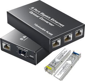5 Port Gigabit Ethernet Optical Converter, 2PCS 1.25G SFP LC Fiber Gigabit Single-Mode Fiber Ethernet Media Converter, 10/100/1000Base-TX to 1000Base-SX, 1310nm, SMF, Transmit up to 20KM