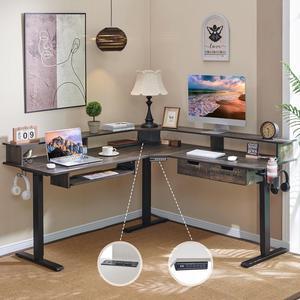 60" L Shaped Electric Standing Desk, Height Adjustable Corner Gaming Desk with Drawers, Keyboard Tray, Power Outlets & LED Lights, Comnputer Desk with Monitor Shelf, Dark Rustic Oak