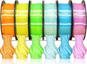 1.75mm Silk Shiny PLA Filament 6 in 1 Bright Colors Bundle Pack: Silk Yellow/Lime Green/Light Orange/Sky Blue/Pink/Cyan, Each Spool 250g, 6 Spools Packed, Total 1.5Kg 3D Printing Material