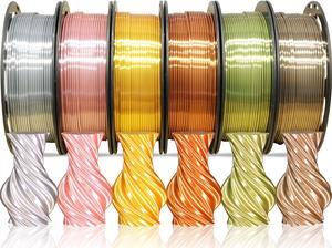 1.75mm Silk PLA Filament 6 in 1 Bundle Pack, 6 Metallic Shiny Colors: Gold/Silver/Copper/Bronze/Coffee Gold/Rose Gold, Each Spool 250g, 6 Spools Packed, Total 1.5Kg 3D Printing Material
