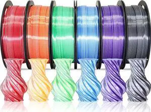 Dual Color 1.75mm 3D Printer Filament Bundle, 3D Printing Silk PLA 6 Spools Pack, Silk White Red, White Orange, White Green, White Blue, White Purple, White Black, 3D PLA 250g X 6 Spools