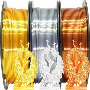 Shiny Silk Gold Silver Copper PLA Filament Bundle, 1.75mm 3D Printer Filament, Each Spool 0.5kg, 3 Spools Pack, with One 3D Printer Remove or Stick Tool