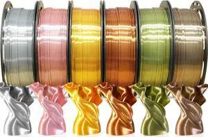 6 Spools 1.75mm Silk PLA 3D Printer Filament Bundle, 6 Metallic Shiny Colors: Gold/Silver/Copper/Bronze/Coffee Gold/Rose Gold, Each Spool 250g X 6 Spools, Total 1.5Kg 3D Printer Material