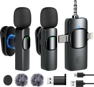 Wireless Microphone Lavalier Lapel Mics , 2 Pack 4-IN-1 Rechargeable Mini Cordless Magnetic Clip Small Microphone 360°Adjustable Noise Canceling with USB, Type C, Lightning Ports, 3.5mm Headphone Plug