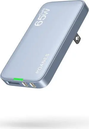 65W GaN USB C Charger, 3 Port Flat USB C Wall Charger with USB C and USB A, Fast Charging USB C Block, Slim USB C Charger PD3.0&PPS, Foldable Plug to Travel for Laptops, Tablets, Phone( Blue-65W)