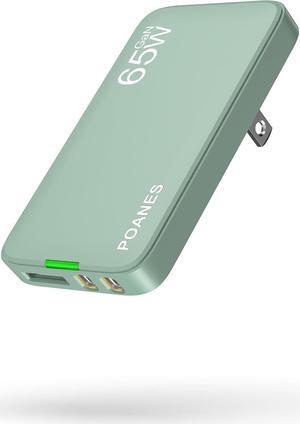 65W GaN USB C Charger, 3 Port Flat USB C Wall Charger with USB C and USB A, Fast Charging USB C Block, Slim USB C Charger PD3.0&PPS, Foldable Plug to Travel for Laptops, Tablets, Phone(Green-65W)
