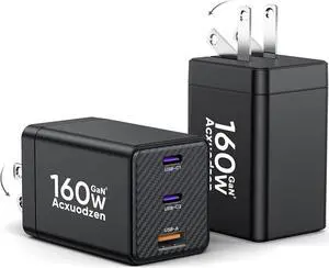 [2 Pack] USB C Charger Block 160W 2 Pack GaN Wall Fast Charger Foldable Type C Laptop Power Adapter Compatible with MacBook Pro iPad Pro iPhone 15 Pro Max/14/13/ Galaxy S23 (Black)