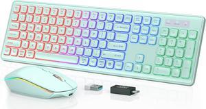 Wireless Keyboard and Mouse Combo - RGB Backlit, Rechargeable & Light Up Letters, Full-Size, Ergonomic Tilt Angle, Sleep Mode, 2.4GHz Quiet Keyboard Mouse for Mac, Windows, Laptop, PC, Mint Green