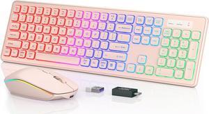 Wireless Keyboard and Mouse Combo - RGB Backlit, Rechargeable & Light Up Letters, Full-Size, Ergonomic Tilt Angle, Sleep Mode, 2.4GHz Quiet Keyboard Mouse for Mac, Windows, Laptop, PC,  Pink