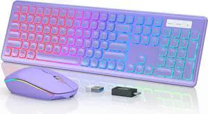 Wireless Keyboard and Mouse Combo, RGB Backlit, Rechargeable & Light Up Letters, Full-Size, Ergonomic Tilt Angle, Sleep Mode, 2.4GHz Quiet Keyboard Mouse for Mac, Windows, Laptop, PC, (Purple)