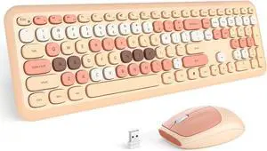 Wireless Keyboard and Mouse Combo, Colorful Full Size Keyboard with Number Pad, Silent Cute Wireless Mouse, 2.4GHz Dropout-Free Connection, for PC Laptop Computer (Coffee Color)