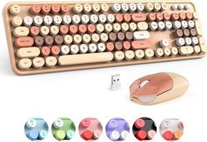 Wireless Keyboard and Mouse Combo, Milk Tea Colorful Round Key Typewriter Keyboards, 2.4G Full Size Keyboard and Cute Wireless Mice, USB Receiver Plug and Play, for Laptop, PC, Windows