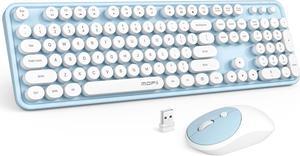 Wireless Keyboard and Mouse Blue White Round Key Typewriter Keyboards Mice Combo 2.4GHz Full Size Keyboard and Computer Mouse with 2 in 1 USB Receiver for Laptop PC Chromebook Smart TV