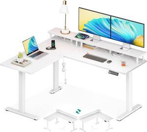 Electric L Shaped Standing Desk with Monitor Stand, 59 Inch Height Adjustable Corner Desk with Power Outlets, Large Sit Stand Table, Reversible Computer Desk for Home, Office, White