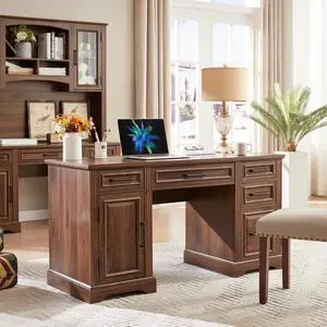 58" Executive Desk, Farmhouse Computer Desk with Drawers and Cabinet, Embossed Texture Home Office Desk, Workspace for Work Study Writing, Dark Brown
