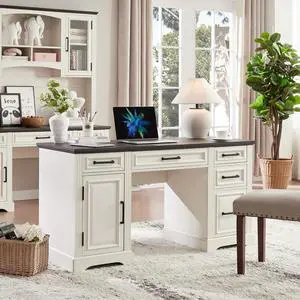 58" Executive Desk, Farmhouse Computer Desk with Drawers and Cabinet, Embossed Texture Home Office Desk, Workspace for Work Study Writing, White