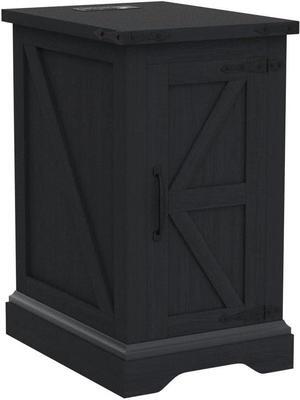 Nightstand with Charging Station, Rectangular Farmhouse End Table with Barn Door and Adjustable Storage Shelf, 17" Deep Wood Rustic Sofa Side Table for Living Room, Bedroom, Black