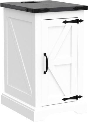 Nightstand with Charging Station, Rectangular Farmhouse End Table with Barn Door and Adjustable Storage Shelf, 17" Deep Wood Rustic Sofa Side Table for Living Room, Bedroom, White