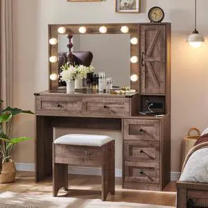 Farmhouse Vanity Makeup Desk with Charging Station, 43" W Vanity Desk with Lights Mirror and Drawers for Makeup, Big Modern Vanity Table Set with Vanity Stool for Bedroom, Light Brown