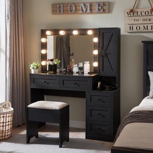 Farmhouse Vanity Makeup Desk with Charging Station, 43" W Vanity Desk with Lights Mirror and Drawers for Makeup, Big Modern Vanity Table Set with Vanity Stool for Bedroom, Black