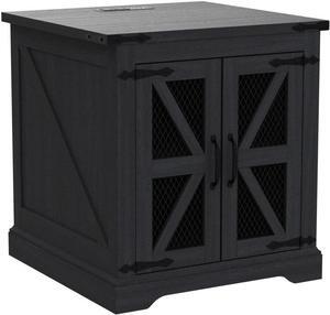 Farmhouse End Table, 24" Large Sofa Side Table with Charging Station, Mesh Barn Door, and Adjustable Storage Shelf, Rustic Wood Square Nightstand for Living Room, Bedroom, Office, Black