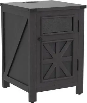 Farmhouse End Table with Charging Station, 18'' Rustic Nightstand with Barn Door & Adjustable Shelf, Wooden Sofa Side Table with 3-Tier Storage for Living Room, Bedroom, Black
