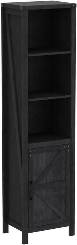Narrow Storage Cabinet, 5 Shelf Bookshelf, Bookcace, Pantry Cabinet, Farmhouse Storage Cabinet with Doors and Adjustable Shelves for Living Room, Bedroom, Kitchen (Black)