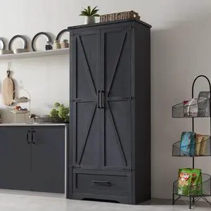 72" Tall Farmhouse Kitchen Pantry with Adjustable Shelves, Wood Storage Cabinet with Drawer & 2 Barn Doors, Versatile Storage for Dining Room, Bathroom, Living Room, Black