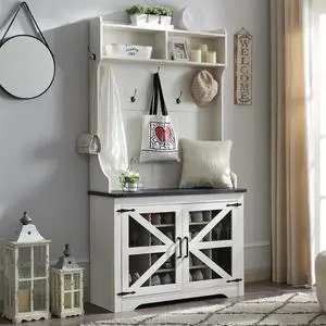 Farmhouse Entryway Bench with Coat Rack, 12 Shoe Cubbies & 7 Coat Hooks Hall Tree with Shoe Storage Bench, Mudroom Storage Cabinet (White)