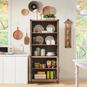 70" Tall Farmhouse Kitchen Pantry with Barn Door,5-Tier Storage Cabinet with Adjustable Shelves, Bathroom Organizer, for Kitchen, Dining Room, Bathroom and Hallway, (Light Brown)