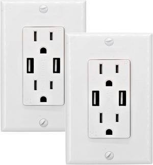 2.4 AMP Dual High Speed Wall Mount Charger USB Outlet,15A Tamper Resistant Receptacle, 2 Wall Plate Included,White (2 Pack)