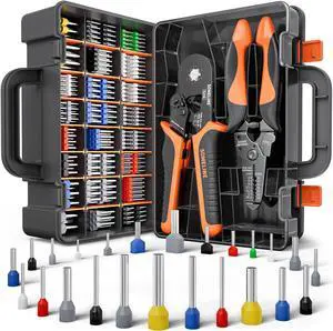 Ferrule Crimping Tool Kit, Hexagonal Ferrule Crimping Pliers (AWG 24-10),with 24 Sizes Insulated Ferrules and Insulated Twin Ferrules, Crimp Pliers and Stripper Kit Crimp Connector
