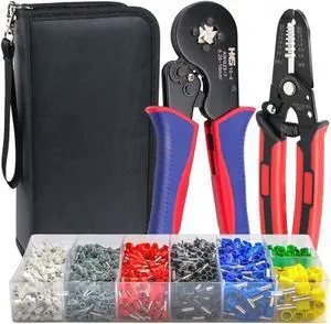 Ferrule Crimping Tool Kit - Square Ferrule Crimper Plier (AWG 23-7) with Wire Stripper & 1900pcs Wire End-Sleeves Terminals Kit