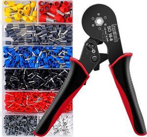 Ferrule Crimping Tool Kit, Self-Adjusting Hexagonal Wire Crimper Plier for AWG 28-5/0.08-16mm²with 1200PCS Red Copper Wire End Terminals, Ratchet Wire Crimping Tool-Wire End Ferrules