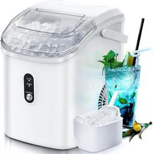 Nugget Countertop Ice Maker with Soft Chewable Ice, 34Lbs/24H, Pebble Portable Ice Machine with Ice Scoop, Self-Cleaning, One-Click Operation, for Kitchen,Office White