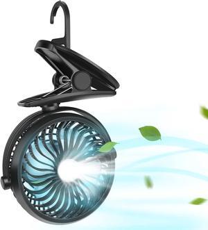 Clip On Camping Fan with LED Lights, 2600 mAh Rechargeable Battery/USB Operated Mini Fan with Hook Portable for Stroller Home Ofiice Outdoors Travel Camping Hiking