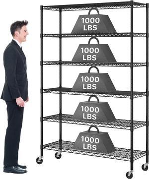 Metal Shelves Garage Shelving Wire Shelving Unit with Wheels, 6000lbs Weight Capacity Heavy Duty NSF Height Adjustable Storage Shelves 6 Tier Steel Commercial Grade Wire Rack, Black