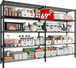 69" W Storage Shelves,72.5" H Wire Shelving Unit Metal Shelves for Storage Load 1600LB Garage Shelving Heavy Duty with 5-Tier Shelf Adjustable Shelving Rack Pantry Kitchen Bathroom