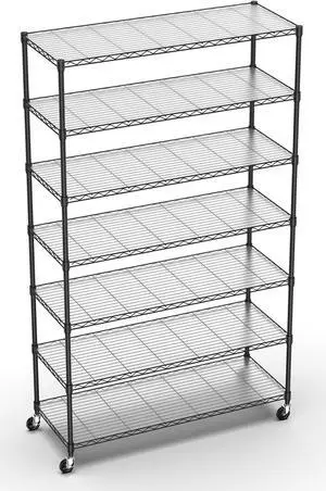 Black NSF 7 Tier Metal Shelf Wire Shelving Unit, 2450lbs Heavy Duty Adjustable Storage Rack with Wheels & Shelf Liners for Closet Kitchen Garage Basement Commercial Shelving - 82" H x 48" L x 18" D