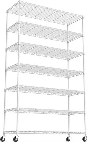 White NSF 7 Tier Metal Shelf Wire Shelving Unit, 2450lbs Heavy Duty Adjustable Storage Rack with Wheels & Shelf Liners for Closet Kitchen Garage Basement Commercial Shelving - 82" H x 48" L x 18" D