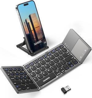 Multi-Device Foldable Bluetooth Keyboard with Touchpad Rechargeable Dual-Mode(2.4G+BTx2) Wireless Keyboard with Holder, Portable Ultra Slim Folding Keyboard for Android Windows iOS Mac OS