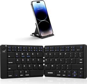 Foldable Bluetooth Keyboard - Portable Wireless Keyboard with Stand Holder, Rechargeable Full Size Ultra Slim Keyboard Compatible IOS Android Windows Smartphone Tablet and Laptop-Black