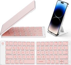 Bluetooth Foldable Keyboard, Wireless Portable Folding Keyboard, Full-Size Ultra-Slim Rechargeable Keyboard Connect Up to 3 Devices for iOS Android Windows Phone Tablet and Laptop, Pink