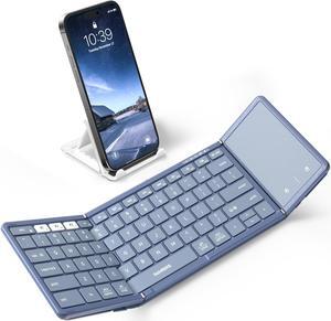 Foldable Bluetooth Keyboard with Touchpad, Full-Size Wireless Folding Keyboard with PU Leather, Portable Travel Keyboard for iOS Android Windows Mac OS, Support 3 Devices (BT5.1 x 3), Blue