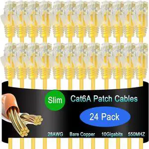 Cat6a Slim Ethernet Patch Cable 5 ft (24 Pack), Cat6a Patch Cable for Data Centers, Cat 6 Patch Cable 10G, Network Patch Cables for Home and Enterprise Network -Yellow