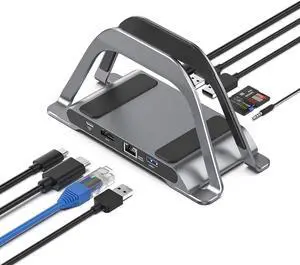 MacBook Docking Station, USB C Docking Station with Vertical Stand Compatible with MacBook Pro and Air, with 4K HDMI, 3 USB, SD/TF, PD3.0, RJ45 Ethernet, Audio, for HP/Dell/Lenovo laptops