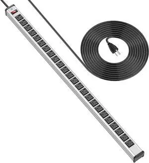 Long Heavy Duty Power Strip 24 Outlet Large Metal Power Strip Garage Workshop Commercial Industrial Power Strip with Circuit Breaker.10FT Cord 15A 125V 1875W (Silver)